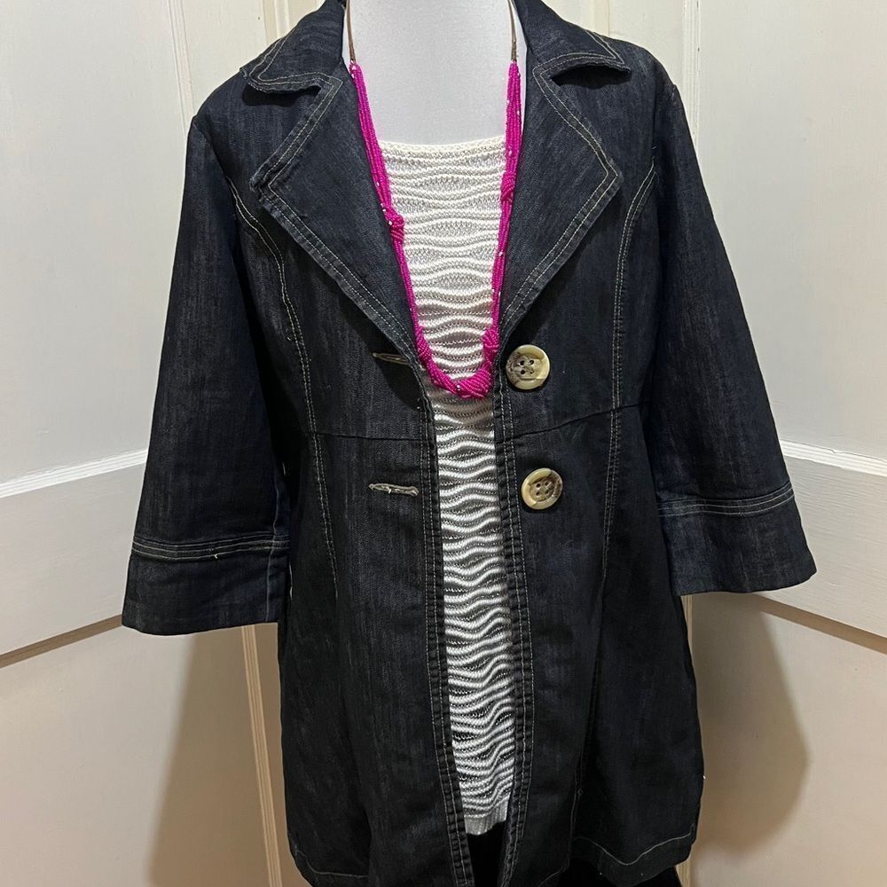 Baccini Spring 3/4 Sleeve Tunic Length Jean Jacket Dark Wash Light Women's L